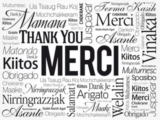 Merci (Thank You in French) Word Cloud background, all languages, multilingual for education or thanksgiving day