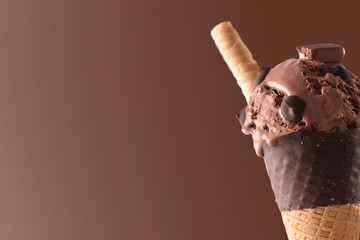 Ice cream cone flavored choco brown background