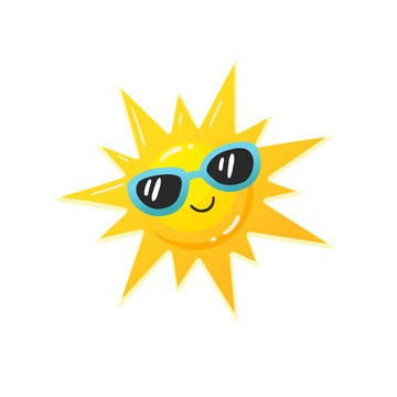 Bright cartoon sun in sunglasses icon. Colorful smiling sun symbol  isolated on white background. Vector illustration.