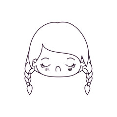 monochrome silhouette of kawaii head little girl with braided hair and facial expression disgust vector illustration