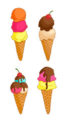 Set of hand drawn ice-creams in cones.