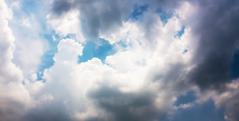 Dramatic panorama of blue sky and storm clouds background.