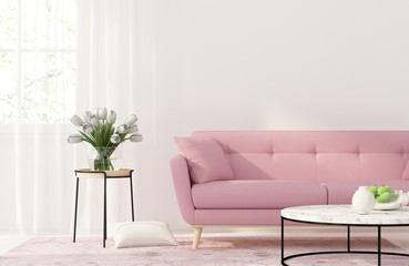 Living room with a pink sofa - obrazy, fototapety, plakaty