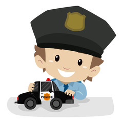 Vector Illustration of a Little Boy wearing a Police uniform while playing Police Car