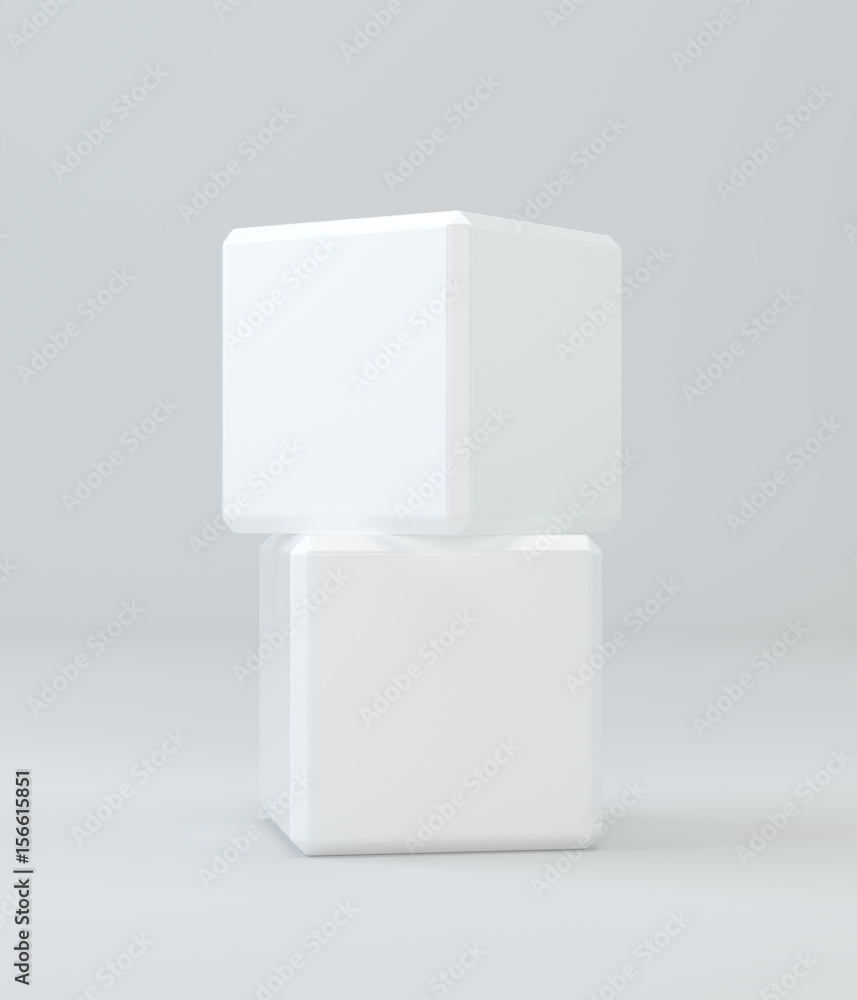 Poster two white cubes isolated on background. 3d rendering.
