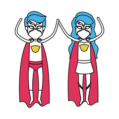 color silhouette with couple of superheroes flying vertically vector illustration