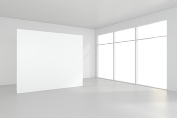 Large empty room with standing billboards. 3d rendering.