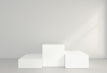 empty white room with a pedestal for presentation. 3d rendering.