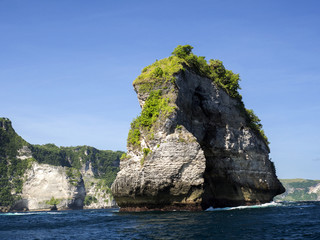 Limestone rocks covered with greenery, west coast of Penida island, Indonesi