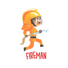 Cute cartoon fireman character using water hose vector Illustration