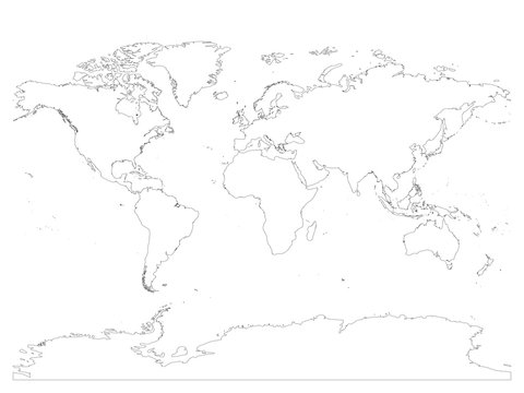 High detailed outline of world map with Antarctica. Simple thin black vector stroke on white background.