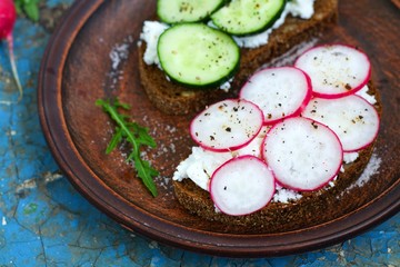 Bread with cucumber and radish