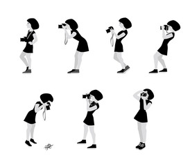 Vector Illustration of photographer taking a photo using camera. Flat illustration of young female character standing full length and shooting. Character set.