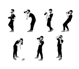 Vector Illustration of photographer taking a photo using camera. Flat illustration of young male character standing full length and shooting. Character set.