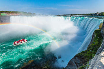 Hornblower Boat Full of Tourists Under Rainbow Sprayed By Horseshoe Waterfall, Niagara Falls,...