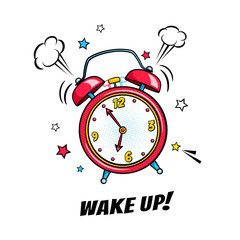 Comic alarm clock ringing and expression with wake up text. Vector bright dynamic cartoon object in retro pop art style isolated on white background. - 156631081