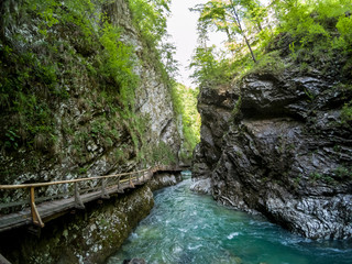Vintgar canyon water stream between rocks