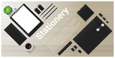 Stationery background with office equipment on wooden table , vector , illustration