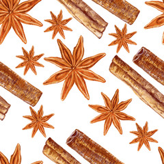 Star anise, cinnamon watercolor vector illustration isolated on white background, Hand drawn seamless pattern badian, Design food, Organic spice ingredient for healthy market, restaurant menu