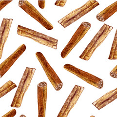Cinnamon watercolor vector illustration isolated on white background, Hand drawn seamless pattern, Design food, Organic fresh spice ingredient for healthy market, restaurant menu, kitchen aromatherapy