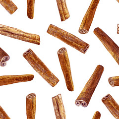 Cinnamon watercolor illustration isolated on white background, Hand drawn vector seamless pattern, Design food, Organic fresh spice ingredient for healthy market, restaurant menu, kitchen aromatherapy