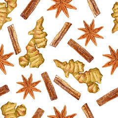 Watercolor ginger root, star anise, cinnamon, Hand drawn ginger vector illustration isolated on white background, seamless pattern, Organic healthy food ingredient for farmer market, restaurant menu