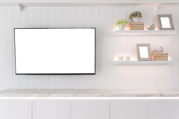 TV and shelf in living room Contemporary style. Wood furniture in white with decorative at home.