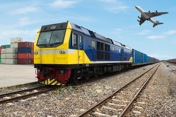 Obraz premium Cargo train platform with freight train container at depot use for Import, Export, Logistics background. Import, Export, Logistics concept.