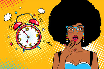 Wow face. Sexy young surprised african american woman with open mouth and afro hair, bright makeup and alarm clock ringing. Vector background in pop art retro comic style. Party invitation poster. - 156639620