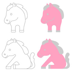 Children's illustration of the contours of horses and an example of their simple coloring in two colors