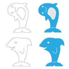 Children's illustration of the contours of sharks and an example of their simple coloring in two colors