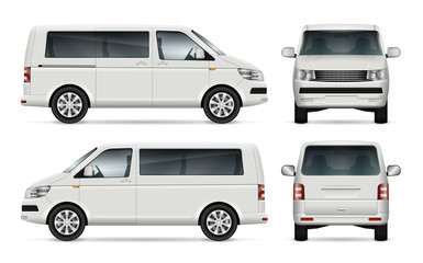 Mini bus vector template for car branding and advertising. Isolated city minibus on white. All layers and groups well organized for easy editing and recolor. View from left and right side, front, back © Yuri Schmidt