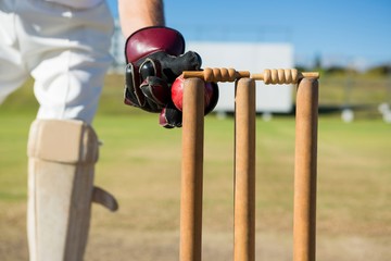Close up of wicket keeper standing by stumps during match