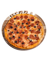 Italian pizza with salami olives and tomato. A series of different types of pizza for menus photographed from one angle