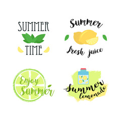 Summer labels, logos, hand drawn tags and elements set for summer holiday, travel, beach vacation, sun. Vector illustration.