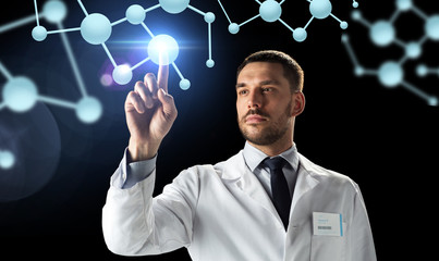 doctor or scientist in white coat with molecules