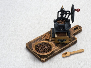 natural coffee beans on a wooden board. 