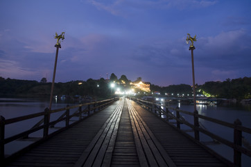 old an long wooden bridge at Sangklaburi,Kanchan aburi province, Thailand