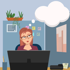 woman with dreaming bubble at office cubicle