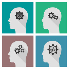 Illustration set of human head with gears as thinking concept. Flat design with long shadow.