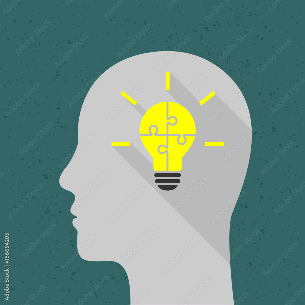 Poster light bulb made of puzzle with human head as thinking and solution concept. flat design with long sh