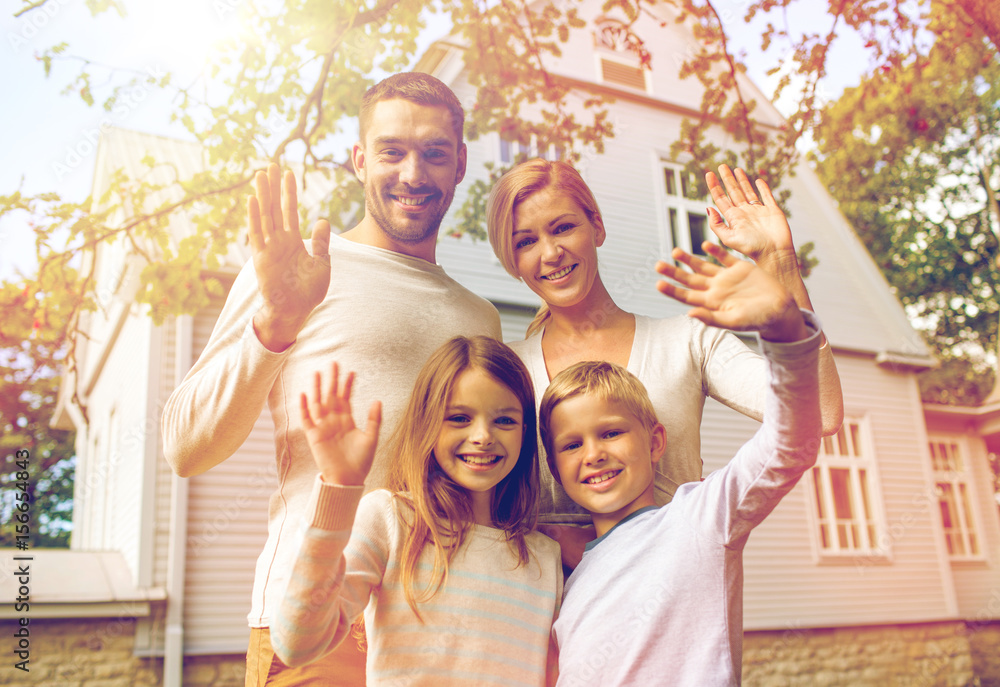 Poster happy family in front of house outdoors