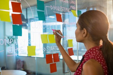 Female executive writing on sticky notes with a marker