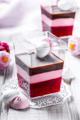 Fruit dessert Panna Cotta with candies in a glass on light background close up. Top view