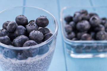 Freshly picked blueberries in milk yogurt with chia seeds
