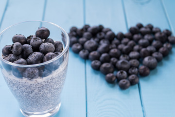 Freshly picked blueberries in milk yogurt with chia seeds