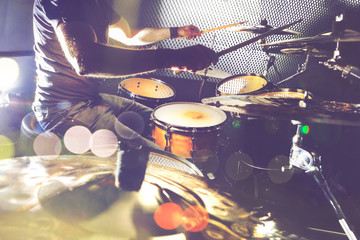 Music background.Drumkit on stage lights performance.Live music.Concert and band on stage.Festival...