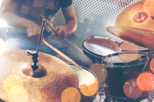 Music background.Drumkit on stage lights performance.Live music.Concert and band on stage.Festival and show background