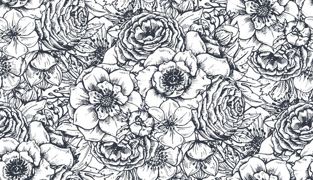 Seamless pattern with hand drawn spring flowers and plants