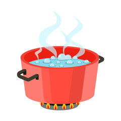 Boiling water in pan Red cooking pot on stove with water and steam Flat design vector.